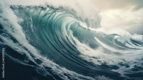 A big breaking ocean wave with white foam. Stormy heavy sea. A strong storm with big waves in the ocean. Thunderstorm. Illustration for banner, poster, cover, brochure or presentation.