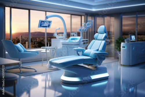 Modern Dental Clinic with a dentist chair and various accessories used by dentists  illuminated in blue medical light. Generative Ai.