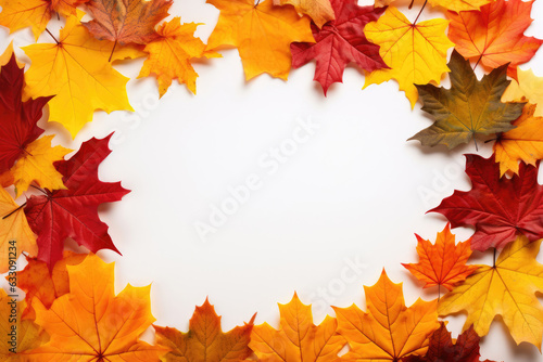Frame made of different autumn colorful maple leaves  with copy space