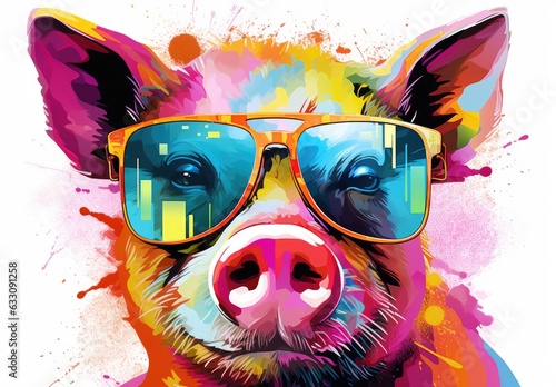 Fotobehang The muzzle of the pig is painted with watercolor paints with splashes of paint on it