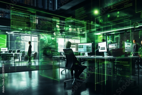 Modern neon cyberpunk open space office interior blurred with information technology overlay. Corporate strategy for finance, operations, marketing. Green color grading photo