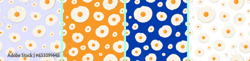 Set of colorful sunny side up egg patterns, repeating and seamless. Fried egg pattern background. For prints, backgrounds, wraps, packaging, banners.
