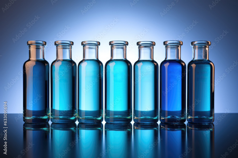 Medicine ampules standing in a row, presented in a blue monochrome image, symbolizing the concept of medicine. Generative Ai.