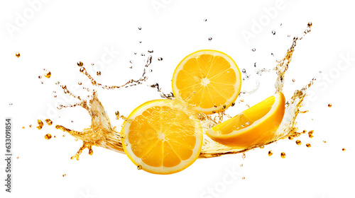 Fresh lemon with juice splash on transparent background. Lemon juice splash png