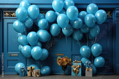 Blue door with colorful balloons floating through Generative Ai.