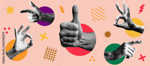 hand gesturing concept template design with abstract vector memphis geometric shapes set retro halftone collage element for banner poster billboard covers