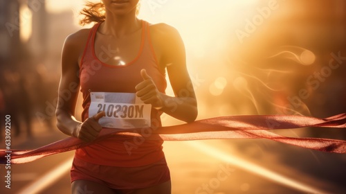 An athlete, woman, runner, arrives at a finish line. Concepts of success, win, and achievement. Generative AI photo