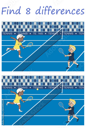 Find 8 differences in sports pictures with two boys playing tennis. Logic puzzle game. Vector illustration for children's development. photo