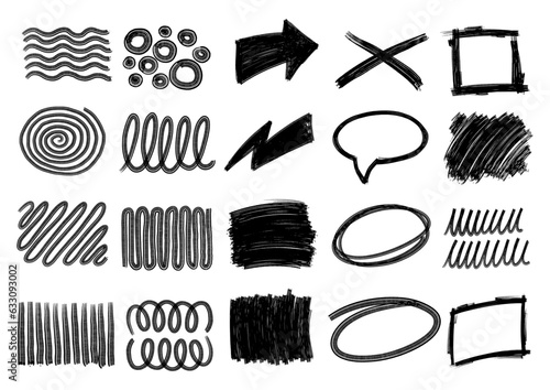 Vector element group of figures and shapes in brush strokes, charcoal scribble stripes and bold paint shapes, squiggles in marker sketch style