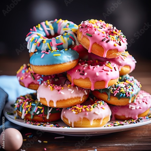 an array of multicolored donuts on a plate - created using generative AI tools