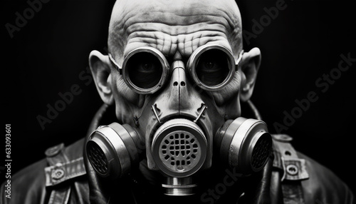 Monochrome portrait depicting a man wearing a gas mask and goggles, encapsulating a post-apocalyptic futuristic ambiance.