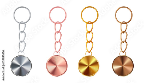 A set of copper or bronze, gold or brass, silver or steel, pink gold keychains in the shape of a circle. Metal key holders isolated on white background. Realistic vector illustration.