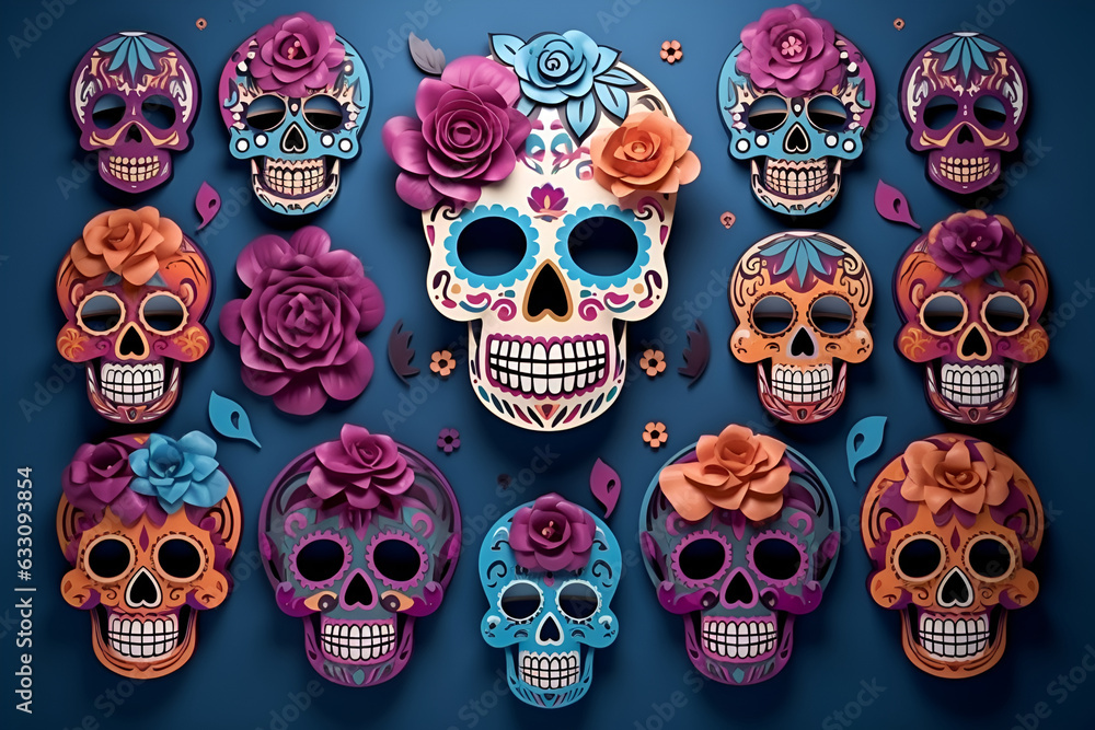 Feast of Dia de los Muertos, attributes and traditions. With Generative AI technology Feast of Dia de los Muertos, attributes and traditions. With Generative AI technology