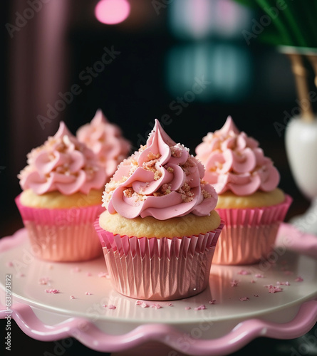 Cupcakes with pink cream. Generative AI.