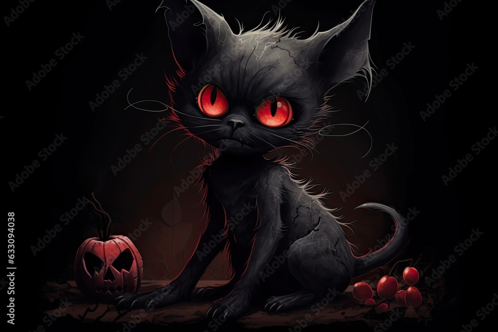 Sweet evil. Fairytale black cat character. Mystical cat with red eyes ...