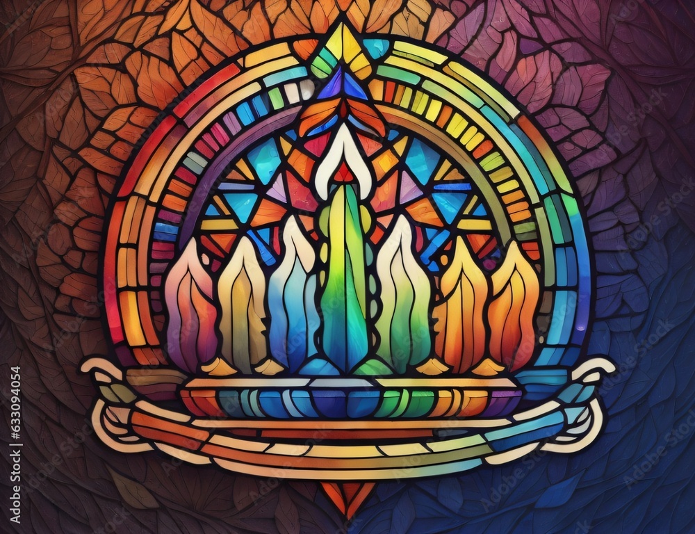Graphic representation of a Hanukkah menorah emblem with colored stained glass, appropriate for Jewish holiday Hanukkah greeting cards. Created with generative AI tools