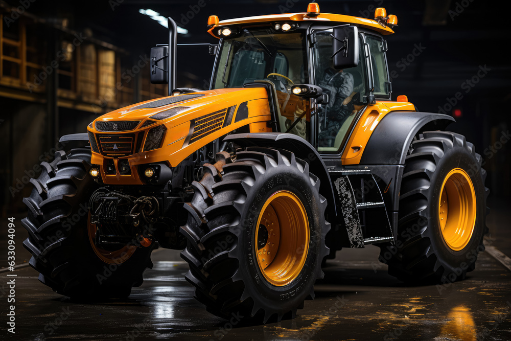 Obraz premium Sale of new high-powered tractor loaders in the industry. Business dedicated to the sale of road-specialized equipment. Generative Ai.