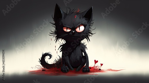 Sweet evil. Fairytale black cat character. Mystical cat with red eyes on a black background. The cat is the embodiment of the devil. Scary cat with red eyes. The cat is the devil.