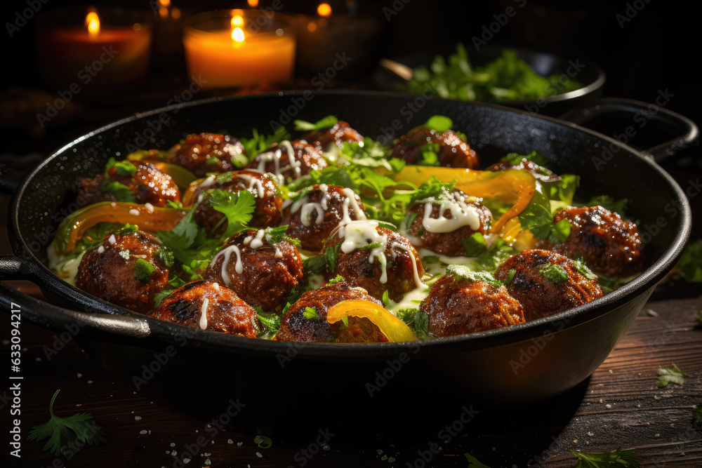 Turkish meatball dish known as kofte, often served spicy with fresh green peppers and pickles. Generative Ai. Turkish meatball dish known as kofte, often served spicy with fresh green peppers and pickles. Generative Ai.