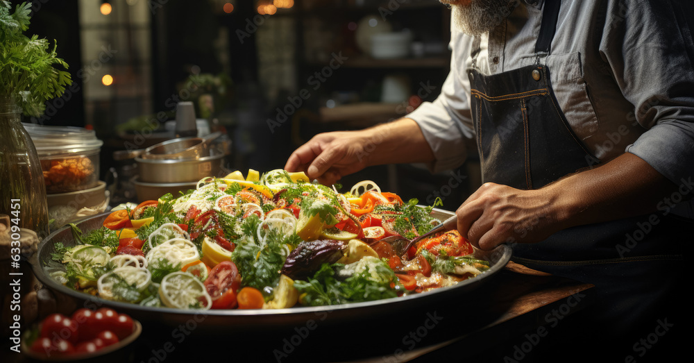 Chef serving a plate of fresh vegetable salad in a kitchen, preparing a vegetarian vitamin salad. Generative Ai.
