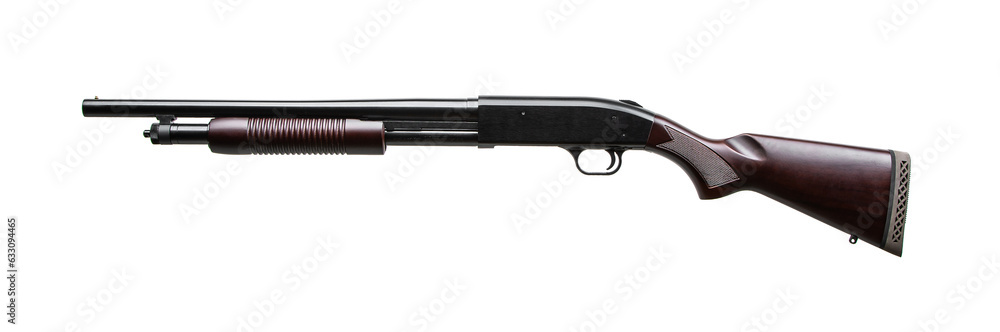 Pump-action 12 gauge shotgun isolated on a white back. A smooth-bore weapon with a wooden stock. Pump-action 12 gauge shotgun isolated on a white back. A smooth-bore weapon with a wooden stock.