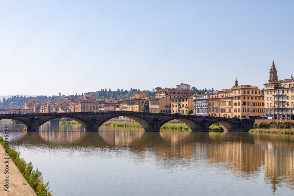 View of the Ponte Santa Trinità bridge from the waterfront, Florence, Italy
