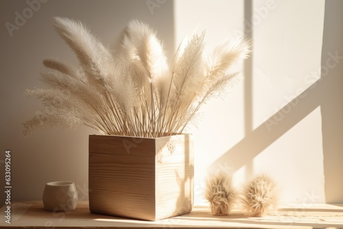 Aesthetic Scandinavian home decor featuring a vase filled with pampas grass, placed on a table alongside a wooden box organizer. The composition includes warm shadows and offers ample space for