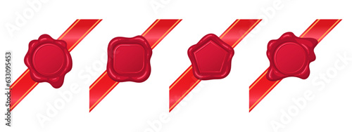 Wax seal set. Cartoon red postal wax stamps with ribbons. Vintage paraffin seal flat vector illustration collection
