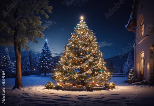 Decorated Christmass tree outdoor at night © Alief Shop