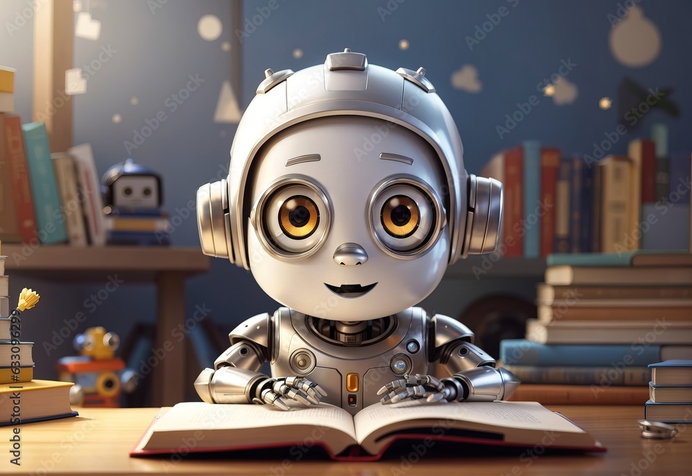 Cute surprised robot child after reading in a book, cartoon style, android kid, anthropomorphic art Cute surprised robot child after reading in a book, cartoon style, android kid, anthropomorphic art