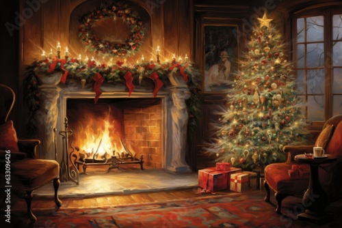 watercolor christmas tree and fireplace presents in a dreamy scene