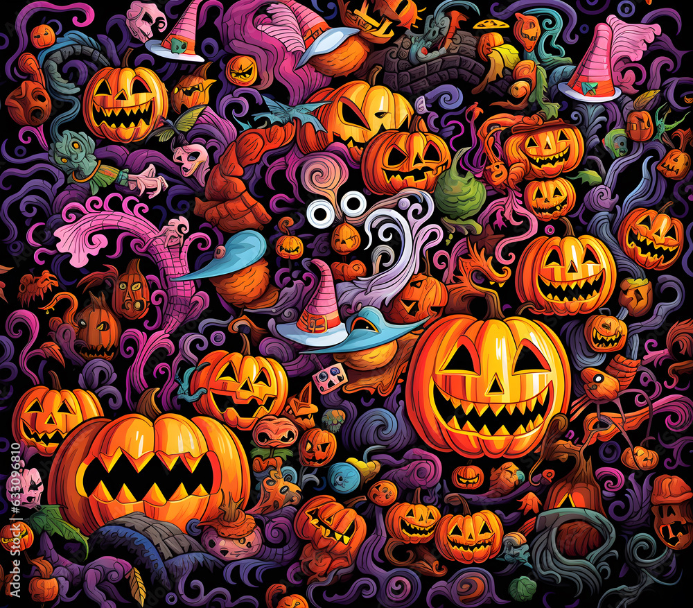 Halloween Pumpkin Themed Doodle Art, Ai Generated Halloween Pumpkin Themed Doodle Art, Ai Generated