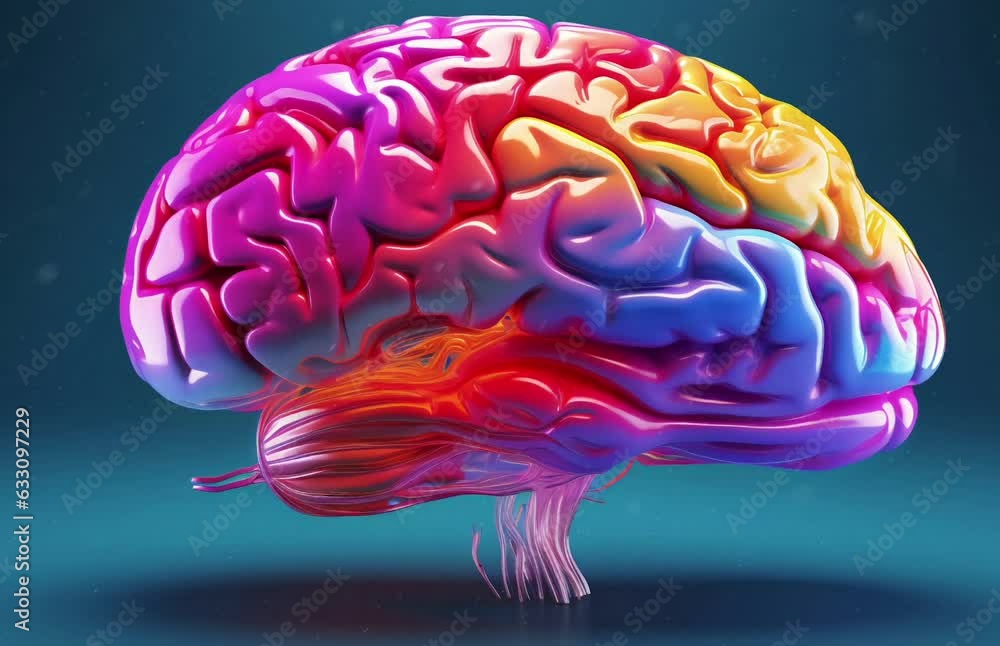 A vibrant rainbow-colored human brain against a tranquil blue backdrop. Generative ai A vibrant rainbow-colored human brain against a tranquil blue backdrop. Generative ai