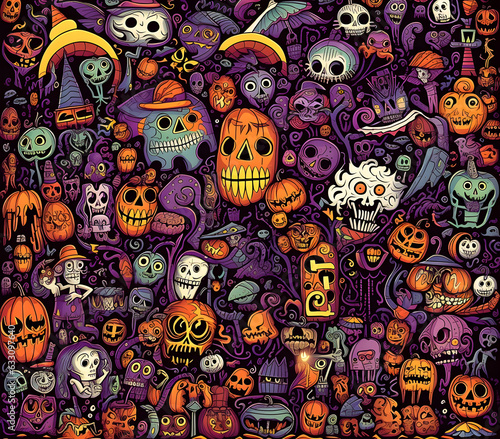 Spooky Halloween Elements Doodle Art, Ai Generated