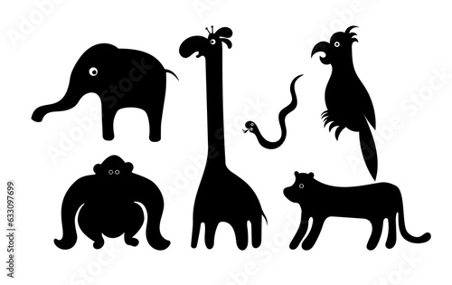 Collection of Artistic and Playfully Drawn Silhouettes of Carelessly Sketched Tropical Animals. Set of strange black forest animals. Silhouettes of animals with eyes.