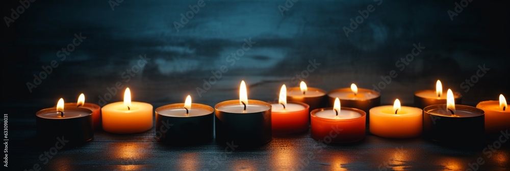 Burning candles on dark background, peaceful scene with copy space, extra wide. Burning candles on dark background, peaceful scene with copy space, extra wide.