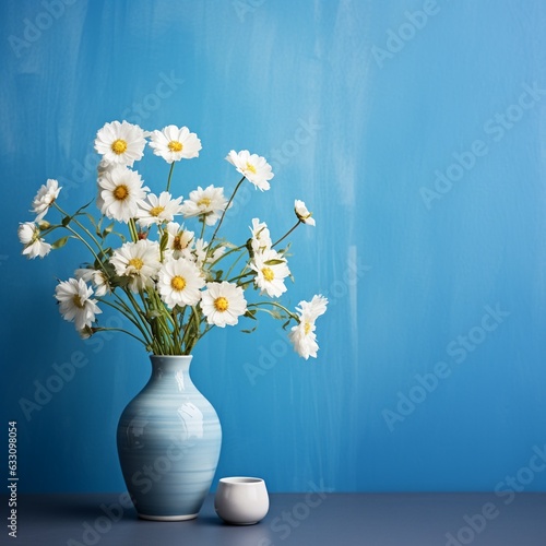 Field flowers in vase over blue wall background  interior design with copy space.