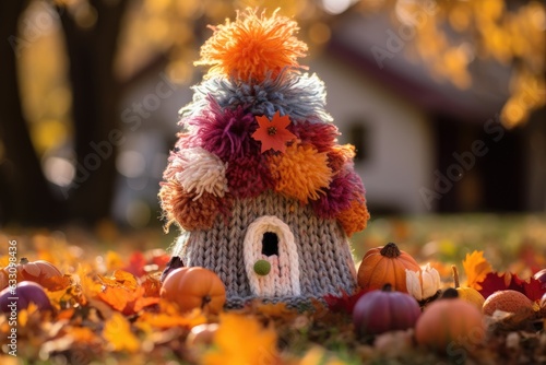 A large pompom hat was placed on top of a miniature toy house, which sat on a lush green lawn adorned with colorful fall leaves. photo