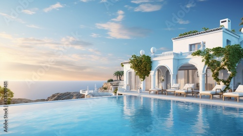 Traditional mediterranean white house with pool on hill with stunning sea view. Summer vacation background. extra wide. © JW Studio
