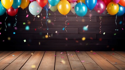 Colorful carnival or party frame of balloons, streamers and confetti on rustic wooden board, with copy space.