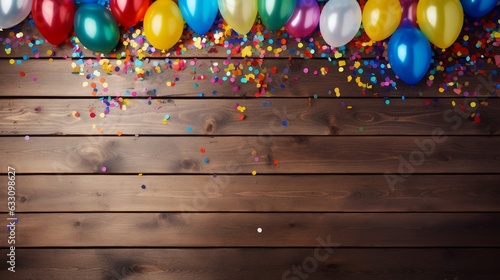 Colorful carnival or party frame of balloons, streamers and confetti on rustic wooden board, with copy space.