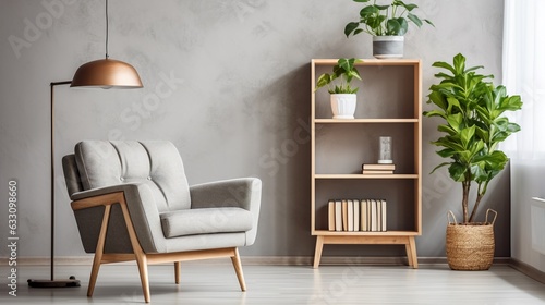 Wooden shelf unit and armchair modern style interior design, empty space background.