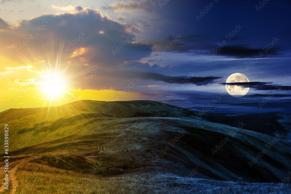 mountain landscape with sun and moon at twilight. travers path through hill side to the mountain top. day and night time change concept. mysterious countryside scenery in morning light