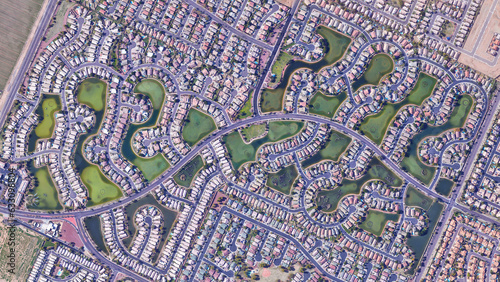 Aerial view of residential development by artificial lake, rich residences on the artificial lake aerial view from above – Bird’s eye view Glendale, Phoenix, Arizona, USA