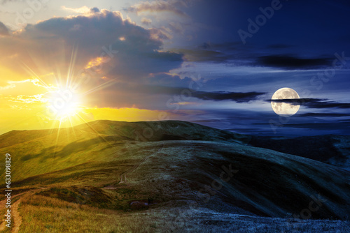 Obraz na płótnie mountain landscape with sun and moon at twilight. travers path through hill side to the mountain top. day and night time change concept. mysterious countryside scenery in morning light w salonie