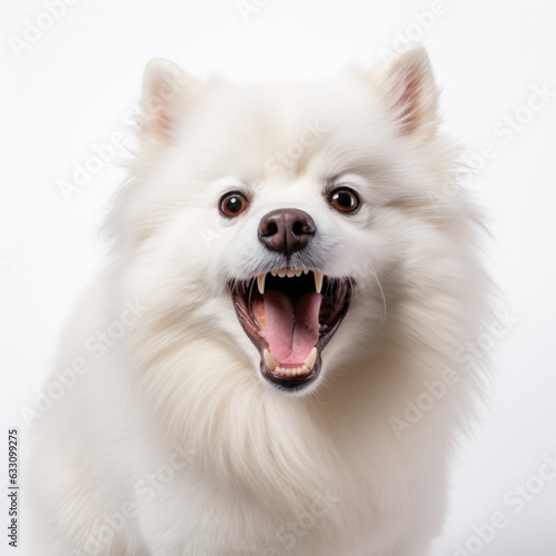Isolated American Eskimo Dog with White Background: Angry and Growling