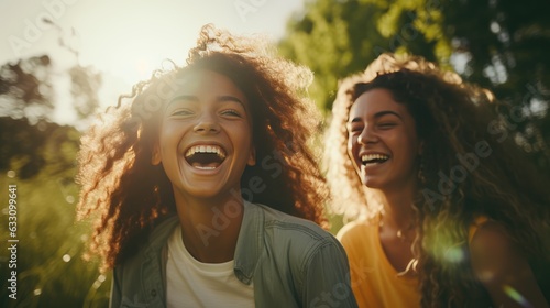 Happy female friends smile and laugh together happily. Happiness, relationship, friendship, bond, and good time. Generative AI