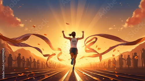 A female athlete arrives at a finish line and raises hands in celebration. Concepts of success, win, and achievement. Generative AI