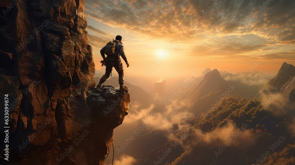 A hiker stands on a high rocky mountain looking at sunrise sky. Determination, persistence, perseverance, effort, and success. Generative AI A hiker stands on a high rocky mountain looking at sunrise sky. Determination, persistence, perseverance, effort, and success. Generative AI
