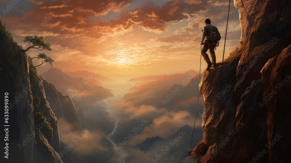 A hiker stands on a high rocky mountain looking at sunrise sky. Determination, persistence, perseverance, effort, and success. Generative AI